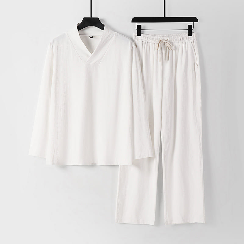 Buddha Stonesクロスカラーコットン唐装漢服トップスパンツメンズセット - 白 - US/UK/AU54、 EU64 (9XL) - image 16