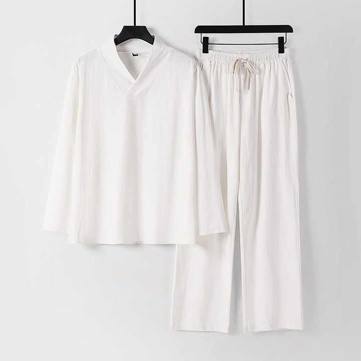 Buddha Stonesクロスカラーコットン唐装漢服トップスパンツメンズセット - 白 - US/UK/AU54、 EU64 (9XL) - image 16