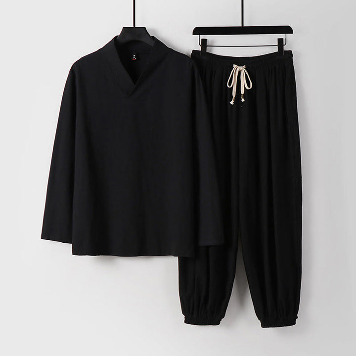 Buddha Stonesクロスカラークロップド丈ブルマーコットン唐装漢服トップスパンツ衣類メンズセット - 黒 - US/UK/AU54、 EU64 (9XL) - image 9