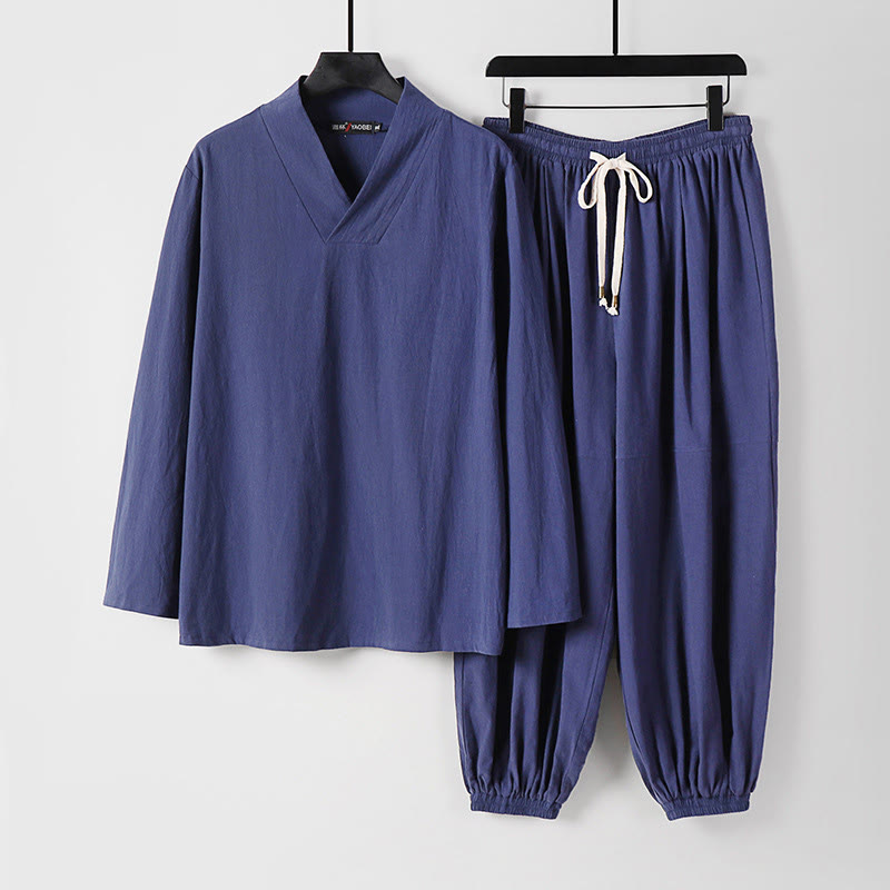 Buddha Stonesクロスカラークロップド丈ブルマーコットン唐装漢服トップスパンツ衣類メンズセット - ダークスレートブルー - US/UK/AU54、 EU64 (9XL) - image 19