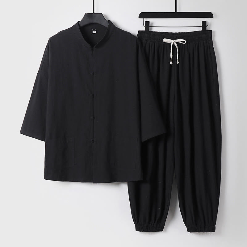 Buddha Stones七分袖 クロップド丈 ブルマー コットン トップス パンツ 衣類 メンズ セット - 黒 - US/UK/AU50、 EU60 (7XL) - image 4