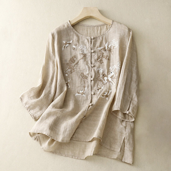 Buddha Stonesラウンドネックカジュアルブラウス刺繍長袖シャツコットンリネントップスレディースシャツ - タン - US/UK/AU40、 EU50 (2XL) - image 6