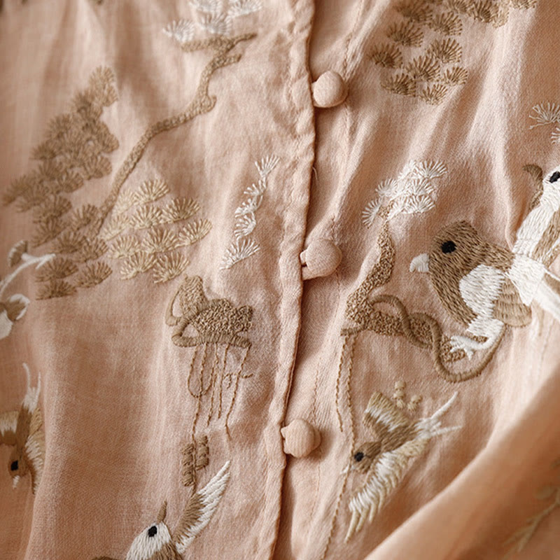 Buddha Stonesラウンドネックカジュアルブラウス刺繍長袖シャツコットンリネントップスレディースシャツ - image 1