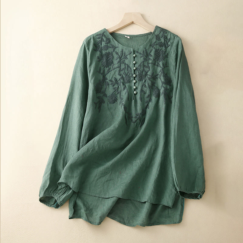 Buddha Stonesカジュアル 刺繍 花 ラウンドネック 長袖 コットンリネン トップス レディース シャツ - ティール - US/UK/AU40、 EU50 (2XL) - image 24
