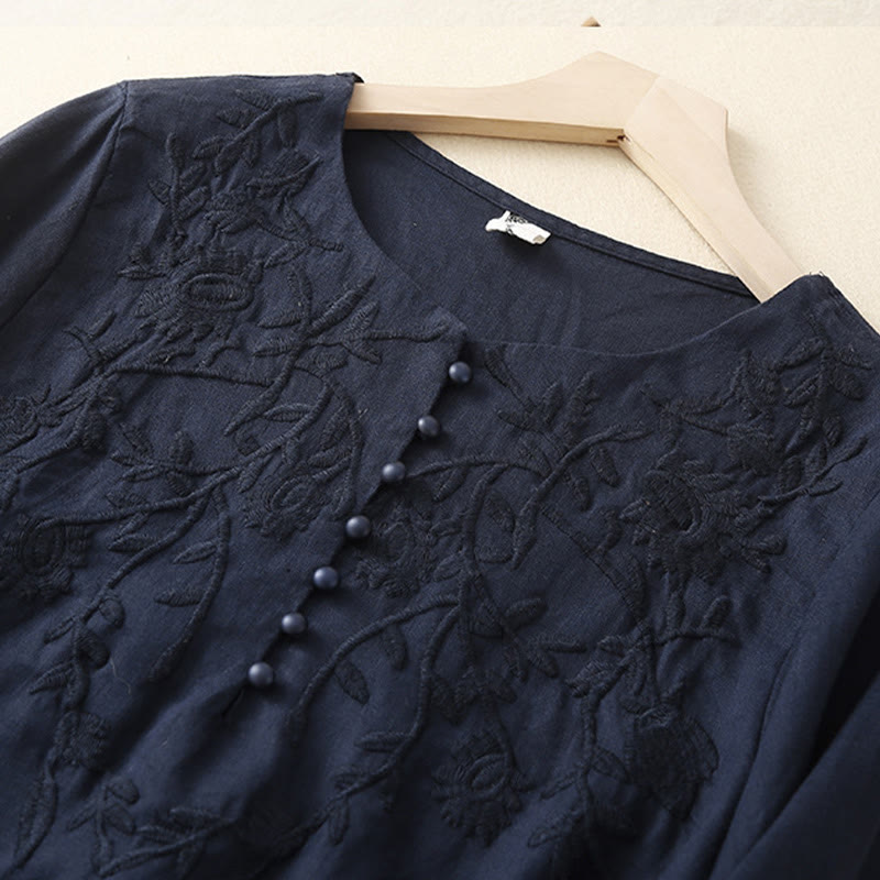 Buddha Stonesカジュアル 刺繍 花 ラウンドネック 長袖 コットンリネン トップス レディース シャツ - image 12
