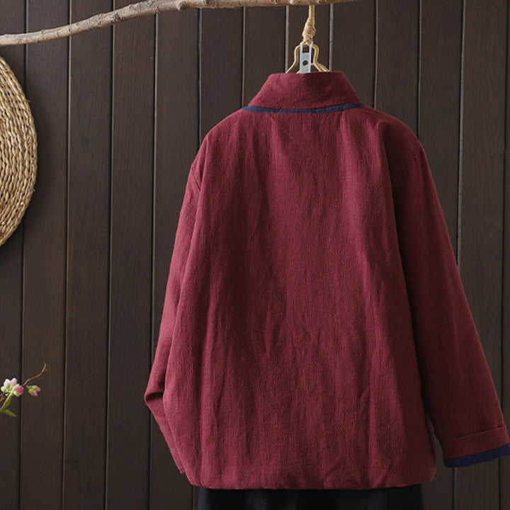 Buddha Stones無地 カジュアル フロッグボタン タートルネック コットン リネン レディース ジャケット シャツ 衣類 - image 1