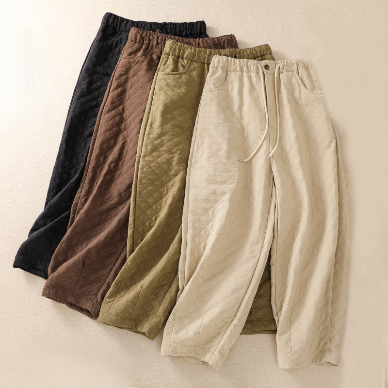 Buddha Stones秋冬 シンプル チェック柄 コットン ドローストリング ハーレムパンツ ポケット付き - image 1