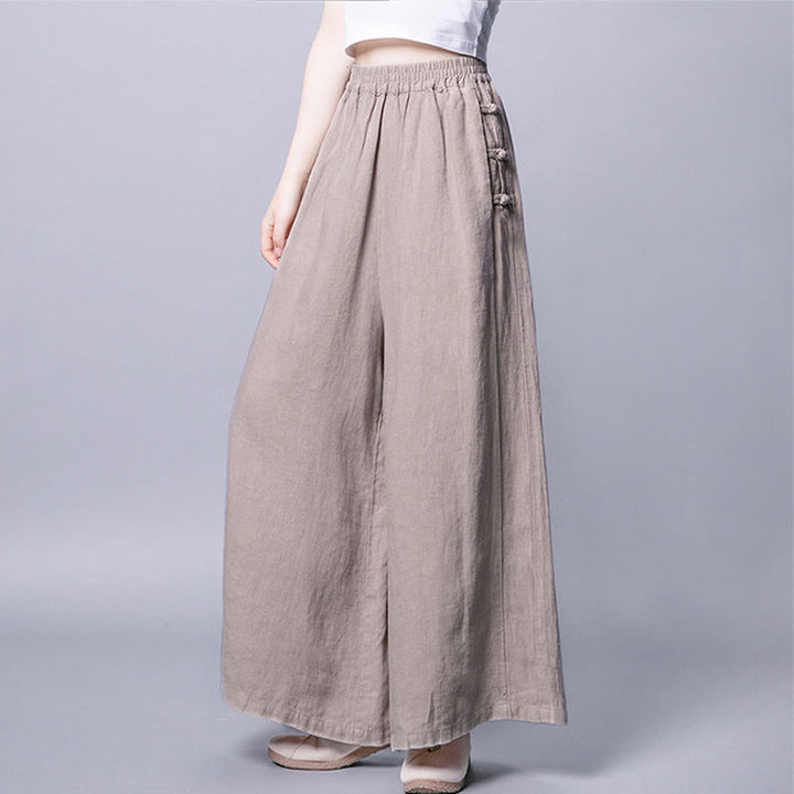Buddha Stonesカジュアルコットン フロッグボタン ハイウエスト ワイドレッグパンツ ポケット付き