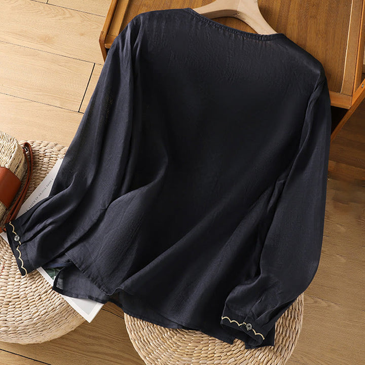 Buddha Stonesエスニック刺繍クルーネックコットンリネンプルオーバー - image 5