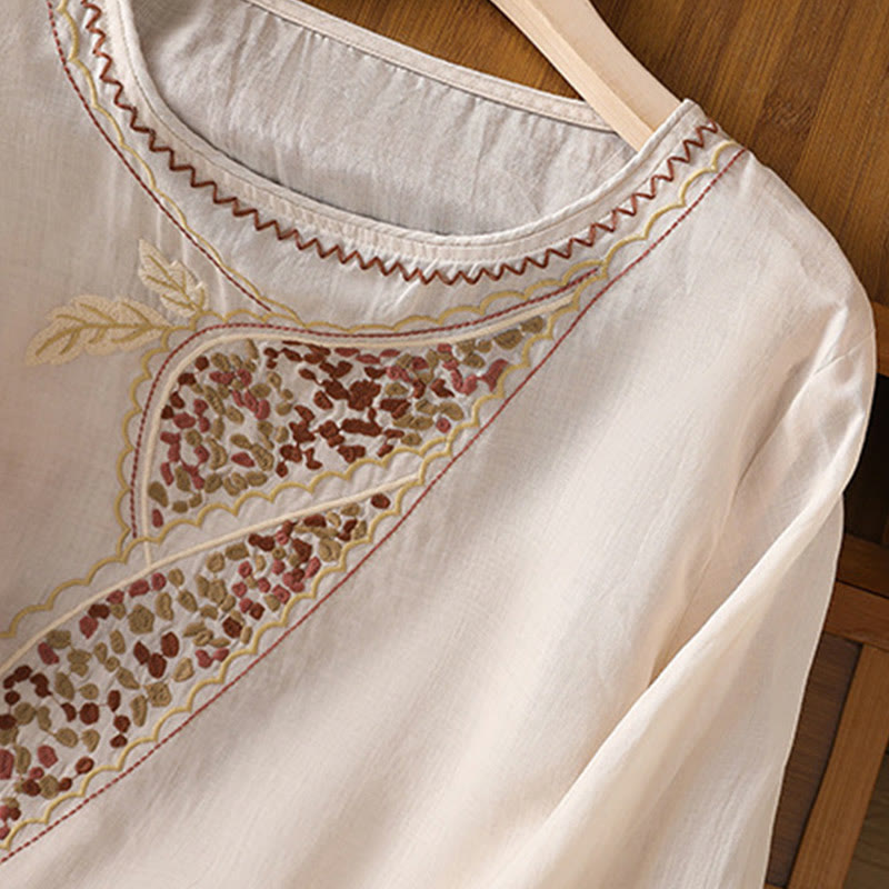 Buddha Stonesエスニック刺繍クルーネックコットンリネンプルオーバー - image 27