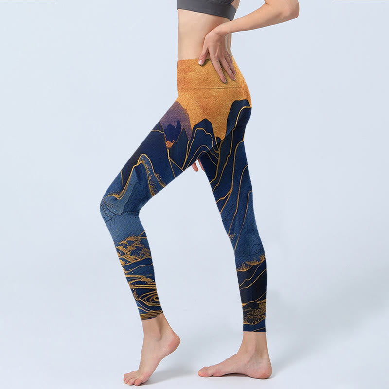 Buddha Stonesダークブルー マウンテンサンセットプリント フィットネスレギンス レディース ヨガパンツ - image 2