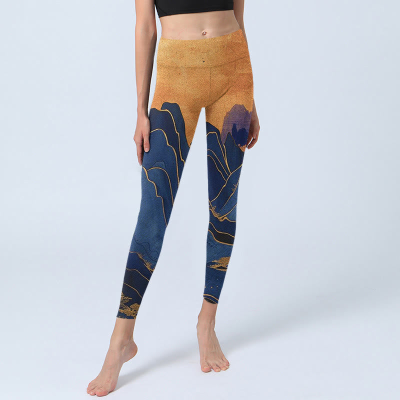 Buddha Stonesダークブルー マウンテンサンセットプリント フィットネスレギンス レディース ヨガパンツ - image 5