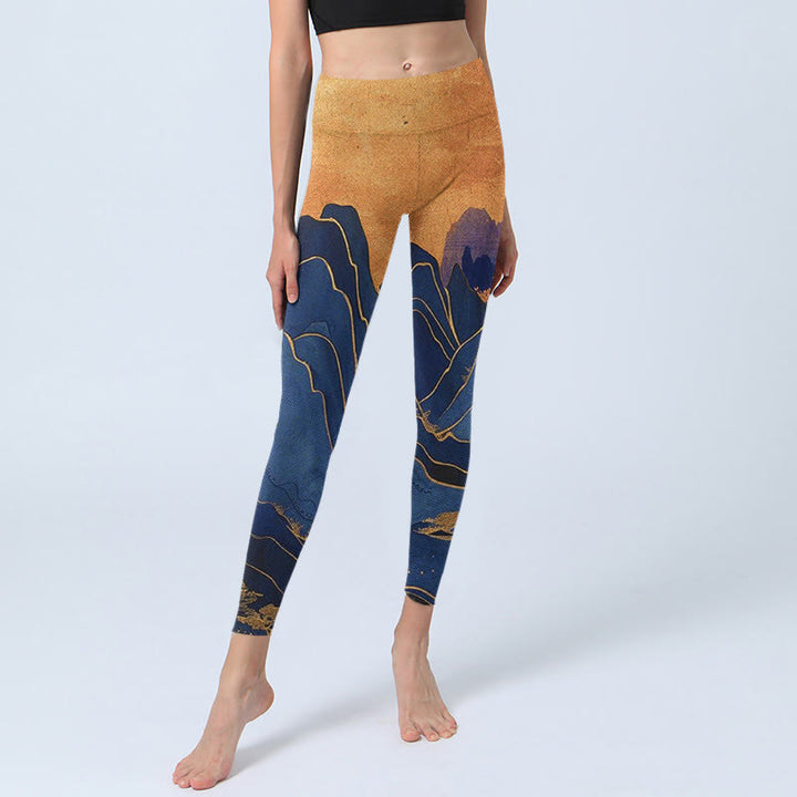 Buddha Stonesダークブルー マウンテンサンセットプリント フィットネスレギンス レディース ヨガパンツ - image 5