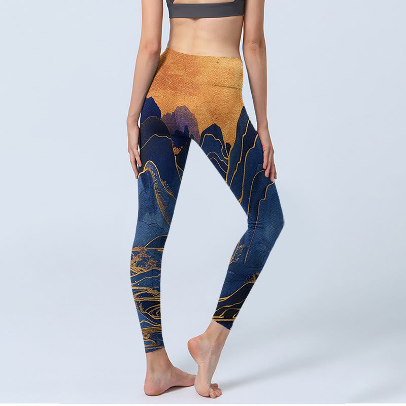 Buddha Stonesダークブルー マウンテンサンセットプリント フィットネスレギンス レディース ヨガパンツ - image 3