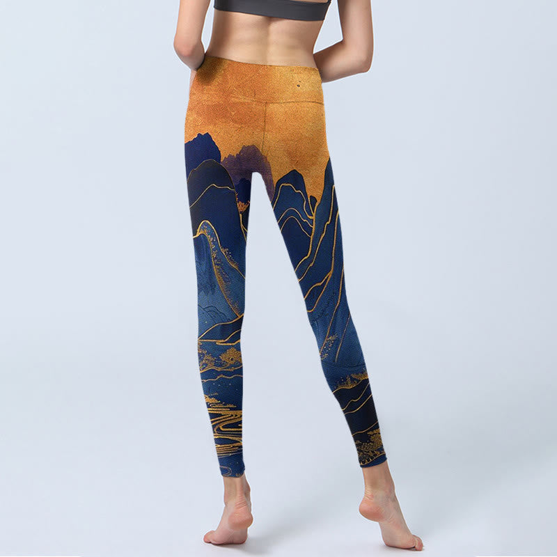 Buddha Stonesダークブルー マウンテンサンセットプリント フィットネスレギンス レディース ヨガパンツ - image 6