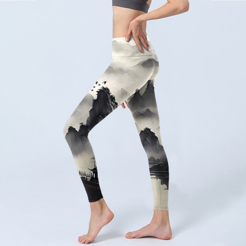 Buddha Stonesのスプラッシュインク風景画プリントフィットネスレギンスレディースヨガパンツ - image 3