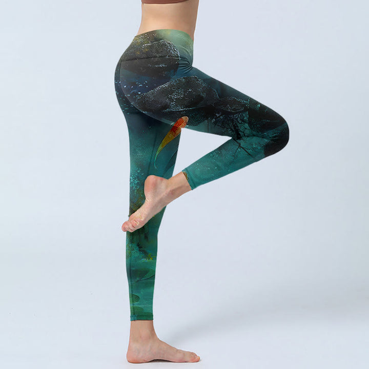 Buddha Stones、池、鯉、岩のプリントスポーツレギンス、レディースヨガパンツ - image 3