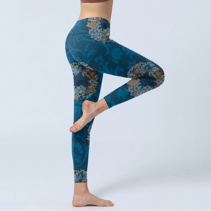 Buddha Stonesとダークブルーの花が咲いたプリントのスポーツレギンス、レディースヨガパンツ - image 3