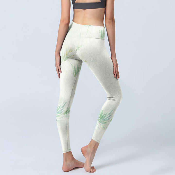 Buddha Stonesと緑の竹の葉のプリントスポーツレギンスレディースヨガパンツ - image 4
