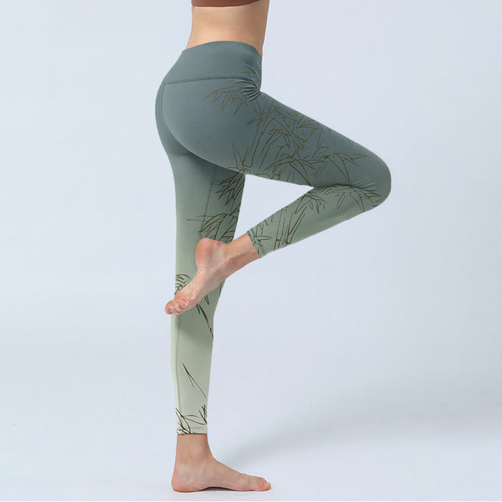 Buddha Stonesと竹の葉のスケッチプリントのスポーツレギンスレディースヨガパンツ - image 3