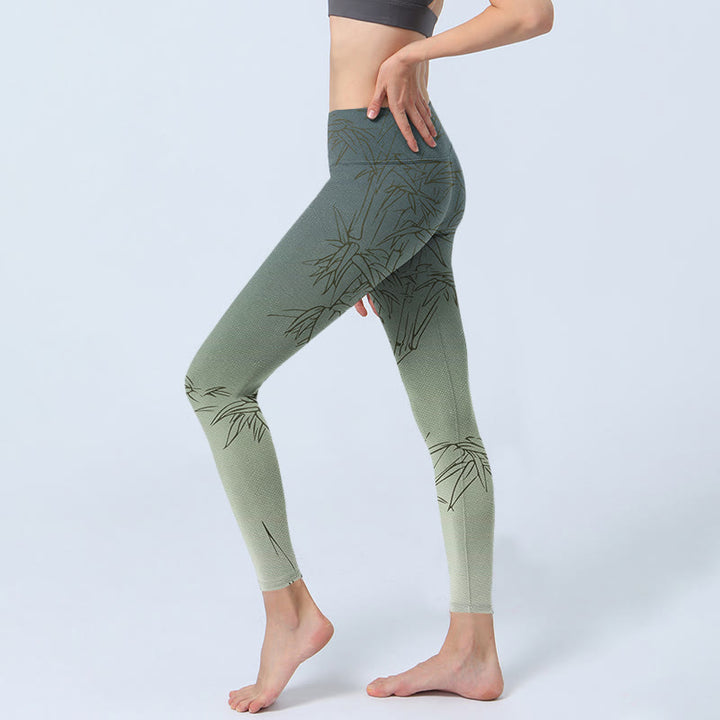 Buddha Stonesと竹の葉のスケッチプリントのスポーツレギンスレディースヨガパンツ - image 2