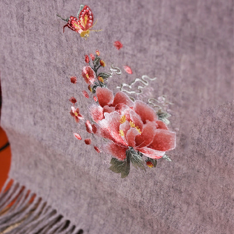 Buddha Stonesウールショール ピンク牡丹蝶刺繍タッセル 冬用 心地よい旅行用スカーフラップ - image 1