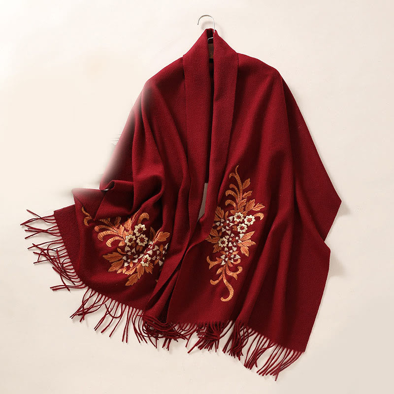 Buddha Stonesウールショール ベゴニア刺繍タッセル 冬用 心地よい旅行用スカーフ ラップ - ダークレッド - 200×60cm - image 11