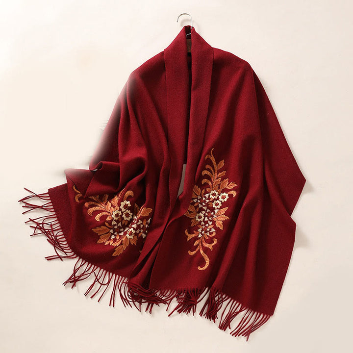 Buddha Stonesウールショール ベゴニア刺繍タッセル 冬用 心地よい旅行用スカーフ ラップ - ダークレッド - 200×60cm - image 11