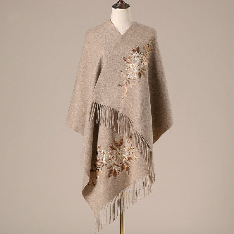 Buddha Stonesウールショール ベゴニア刺繍タッセル 冬用 心地よい旅行用スカーフ ラップ - タン - 200×60cm - image 0