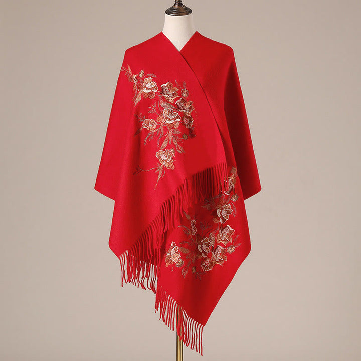 Buddha Stonesウールショール 花 葉 刺繍 タッセル 冬 心地よい 旅行用 スカーフ ラップ - 赤 - 200×60cm - image 0