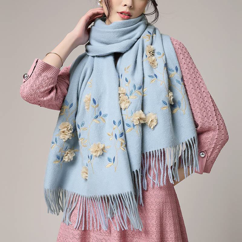 Buddha Stonesウールショール 3Dフローラル刺繍タッセル 冬用 心地よい旅行用スカーフラップ - image 12