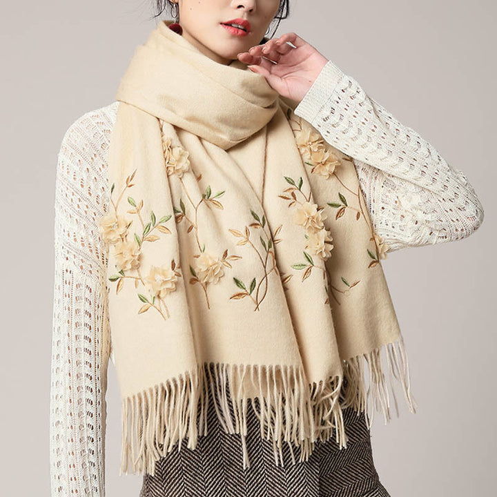 Buddha Stonesウールショール 3Dフローラル刺繍タッセル 冬用 心地よい旅行用スカーフラップ - ビスク - 200×60cm - image 16