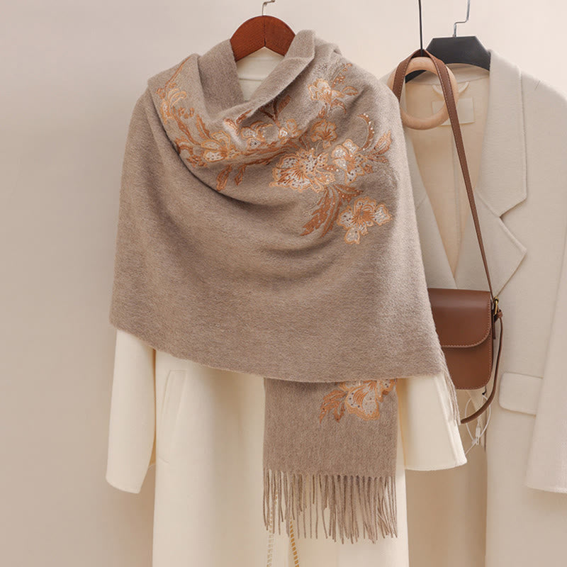 Buddha Stonesウールショール 赤い花 ゴールドスパンコール刺繍 タッセル 冬用 心地よい旅行用スカーフ ラップ - タン - 200×60cm - image 5