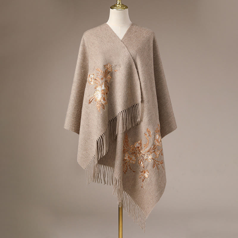 Buddha Stonesウールショール 赤い花 ゴールドスパンコール刺繍 タッセル 冬用 心地よい旅行用スカーフ ラップ - image 7