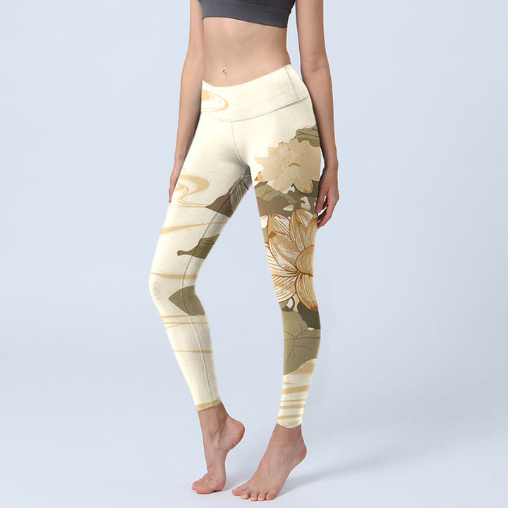 Buddha Stonesベージュ ロータスフラワープリント ジム フィットネス レギンス レディース ヨガパンツ - ベージュ - US18、 UK/AU22、 EU50 (4XL) - image 1