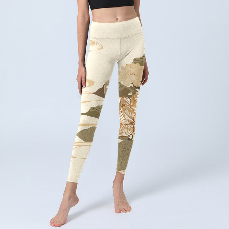Buddha Stonesベージュ ロータスフラワープリント ジム フィットネス レギンス レディース ヨガパンツ - image 5
