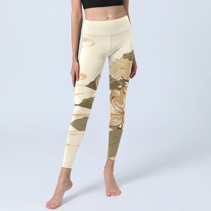 Buddha Stonesベージュ ロータスフラワープリント ジム フィットネス レギンス レディース ヨガパンツ - image 5