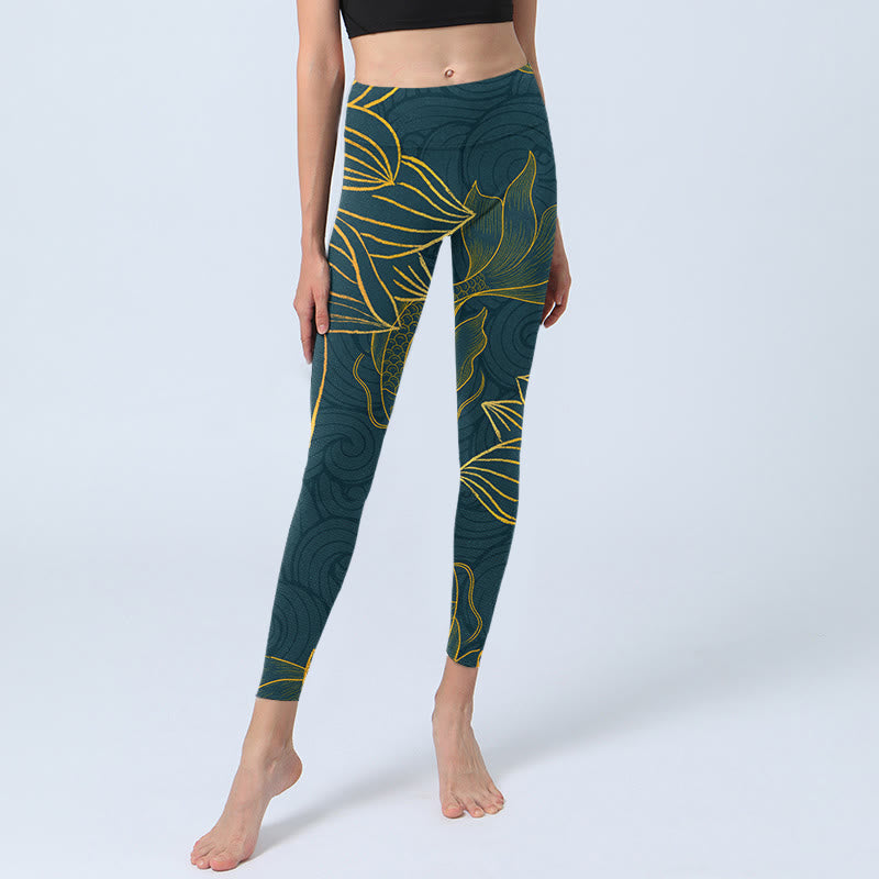 Buddha Stonesグレーゴールデン鯉魚蓮プリントジムレギンスレディースヨガパンツ - image 6