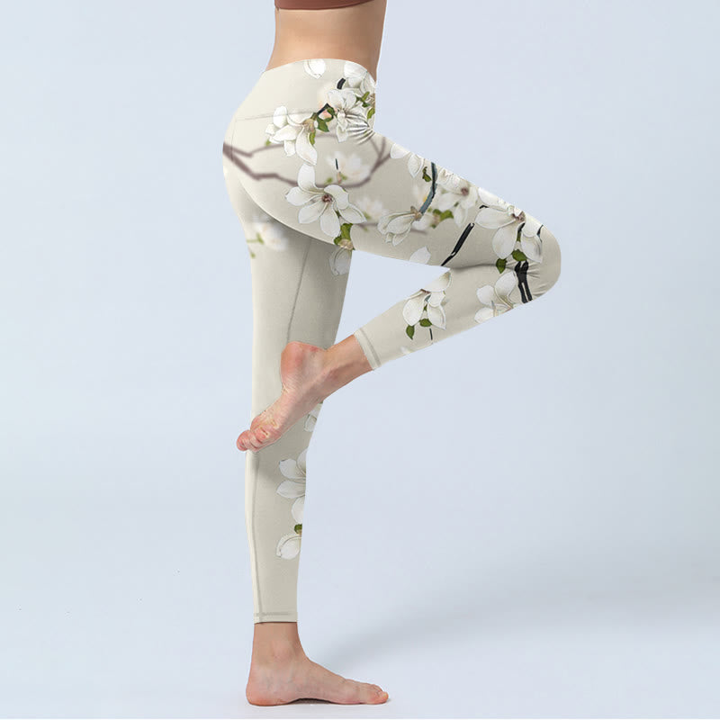 Buddha Stonesホワイト マグノリア フラワープリント スポーツ フィットネス レギンス レディース ヨガパンツ - image 3
