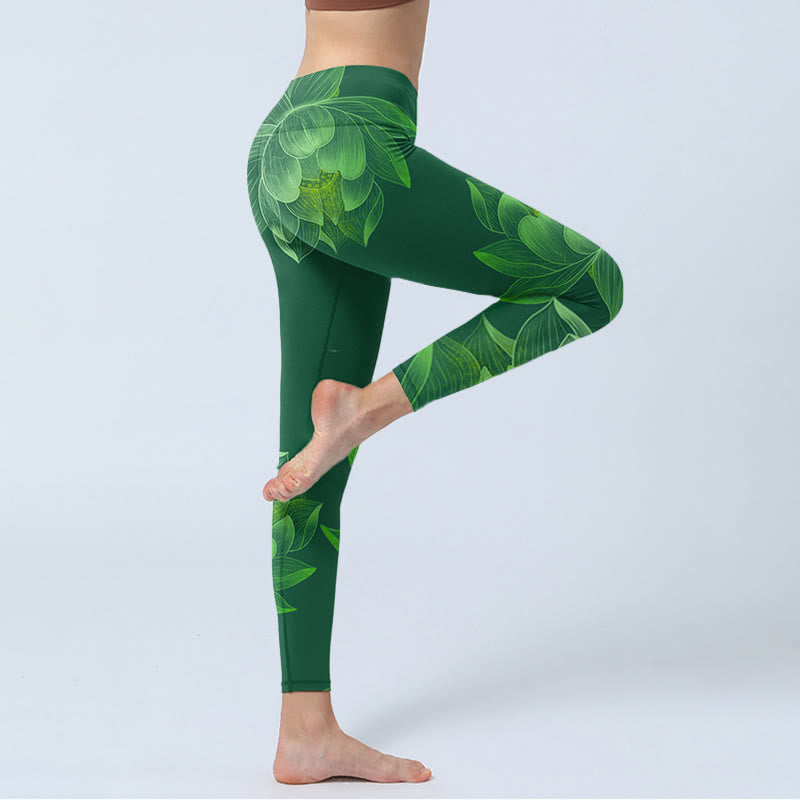 Buddha Stonesダークグリーン 蓮の花 葉 プリント ジム フィットネス レギンス レディース ヨガパンツ - image 4
