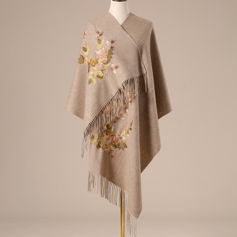 Buddha Stonesウールショール ホワイト ピンク 花 金色の葉 刺繍 タッセル 冬 心地よい 旅行用 スカーフ ラップ - タン - 200×60cm - image 3