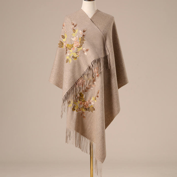 Buddha Stonesウールショール ホワイト ピンク 花 金色の葉 刺繍 タッセル 冬 心地よい 旅行用 スカーフ ラップ - タン - 200×60cm - image 3