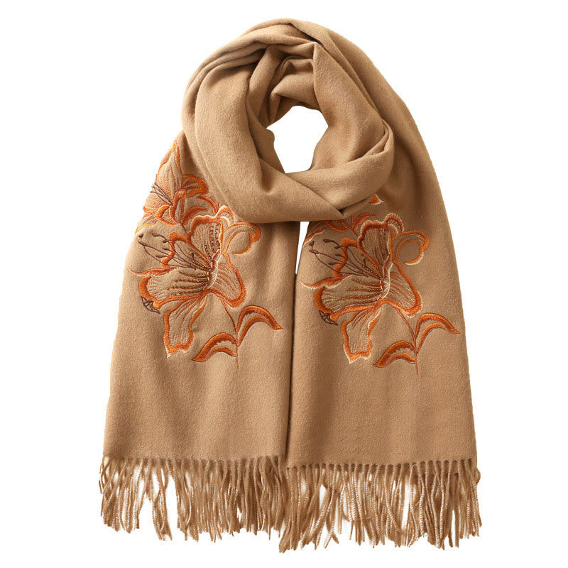 Buddha Stonesウールショール ユリ刺繍タッセル 冬用 心地よい旅行用スカーフ ラップ - image 1