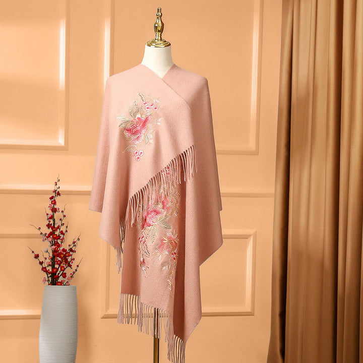 Buddha Stonesウールショール 赤い花と葉の刺繍タッセル 冬用 心地よい旅行用スカーフ ラップ - ピンク - 200×60cm - image 0
