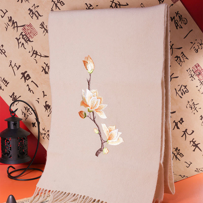 Buddha Stonesウールショール ユラン マグノリア 刺繍 タッセル 冬用 心地よい 旅行用スカーフ ラップ - 180×37cm - image 0