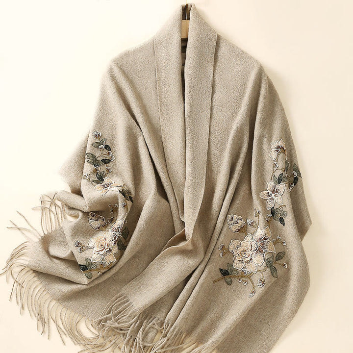 Buddha Stonesウールショール ホワイト オレンジフラワー刺繍タッセル 冬用 心地よい旅行用スカーフラップ - image 9