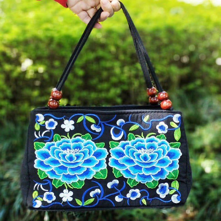 Buddha Stonesガルサン イヌラ 花 牡丹 孔雀 両面刺繍 キャンバス ショッピングバッグ ハンドバッグ