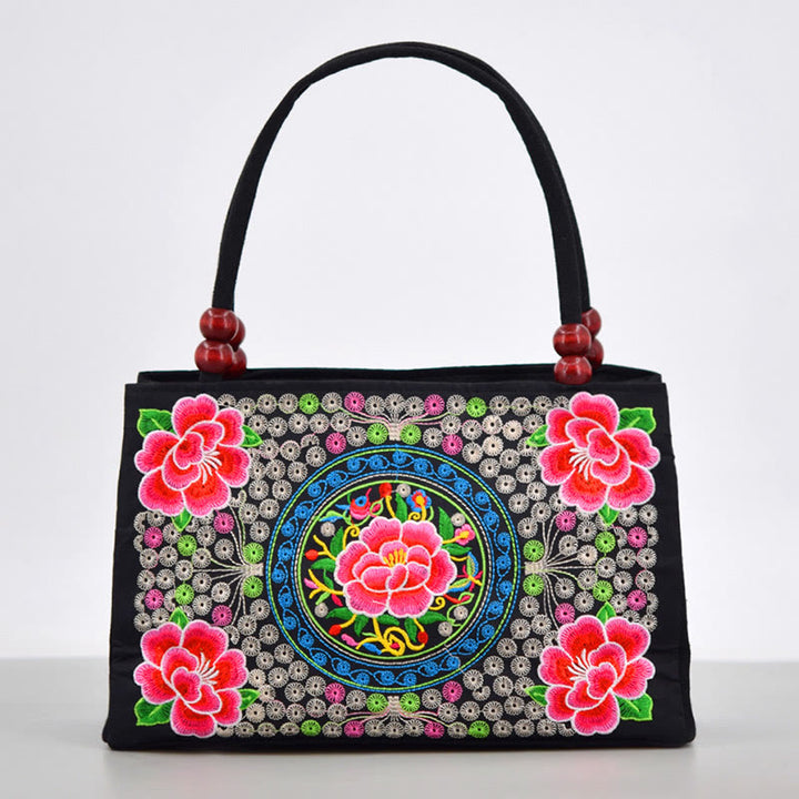 Buddha Stonesガルサン イヌラ 花 牡丹 孔雀 両面刺繍 キャンバス ショッピングバッグ ハンドバッグ