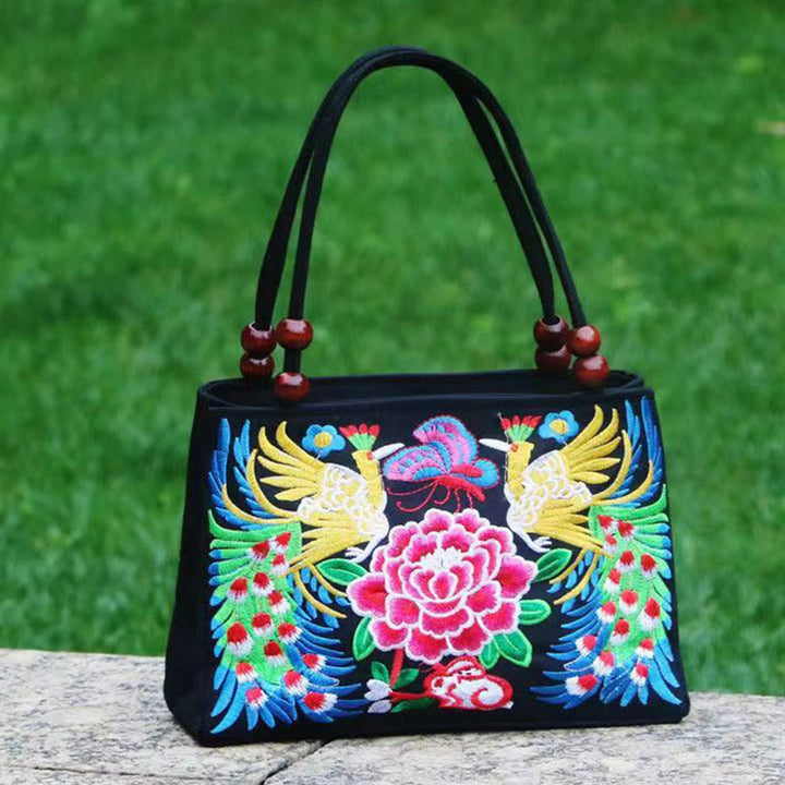 Buddha Stonesガルサン イヌラ 花 牡丹 孔雀 両面刺繍 キャンバス ショッピングバッグ ハンドバッグ