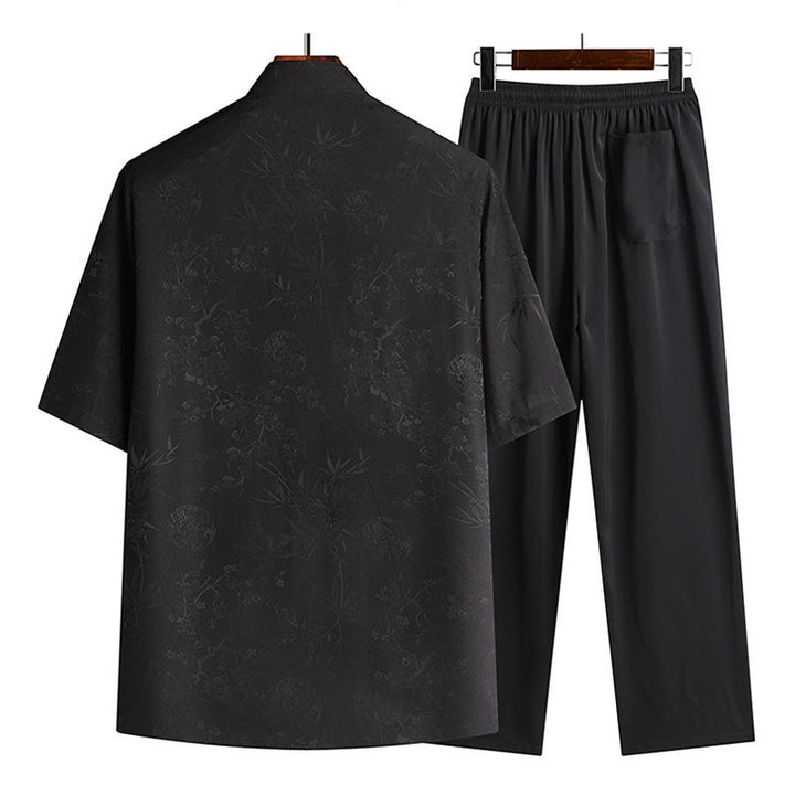 Buddha Stones石竹桃の花唐装漢服伝統制服半袖トップスパンツ衣類メンズセット - image 3